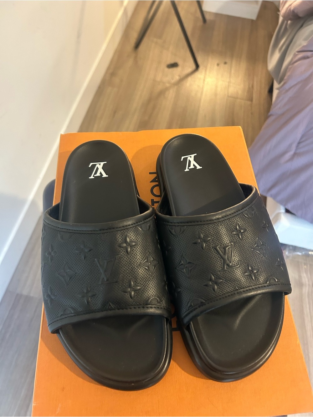 Louis Vuitton Black Embossed Monogram Slide Sandals